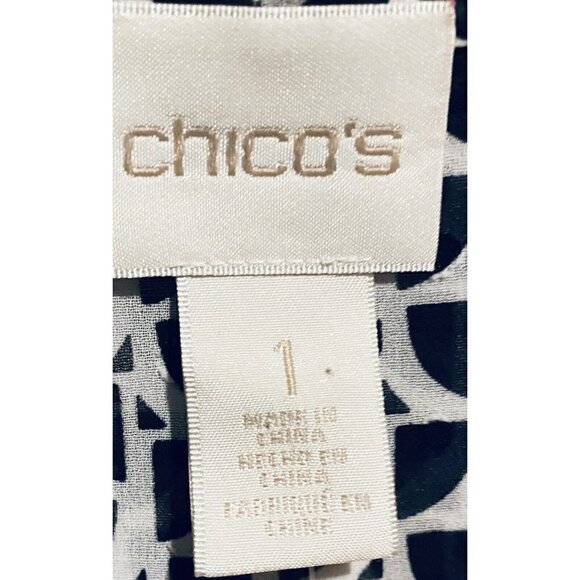 Chicos Top Womens Medium 8 White Black Geometric Bow Semi Sheer Long Sleeve - Picture 4 of 7